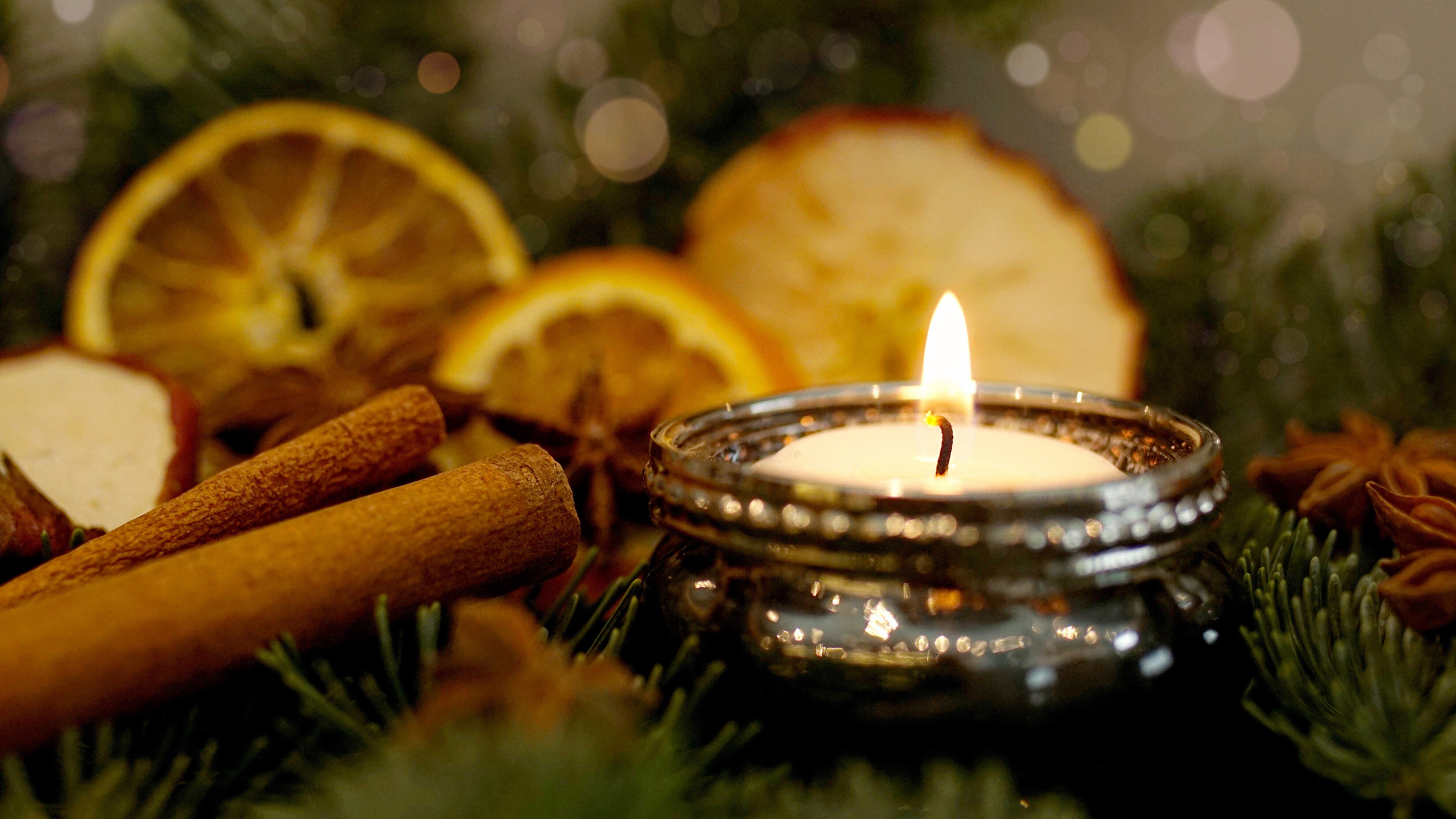 Lit Candle In Christmas Decoration